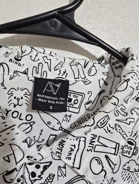 Androgynous Fox Black & White Stick n Poke Graphic Button-Up Shirt